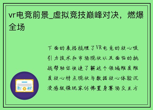 vr电竞前景_虚拟竞技巅峰对决，燃爆全场