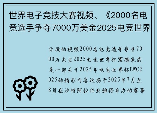 世界电子竞技大赛视频、《2000名电竞选手争夺7000万美金2025电竞世界杯震撼来袭》